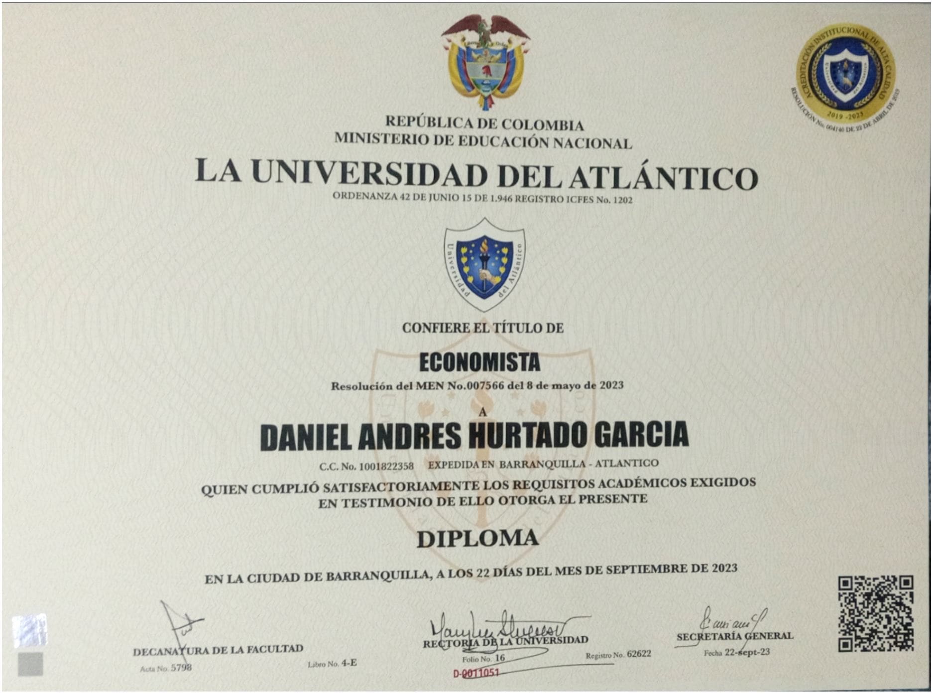 Diploma Economista — Universidad del Atlántico